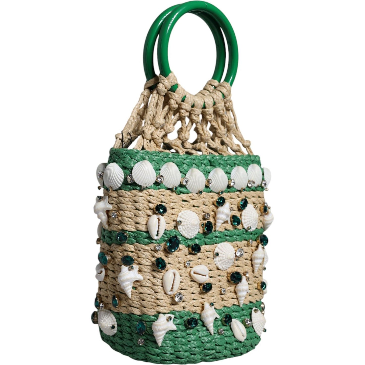 Dolce & Gabbana Beige Green Rafia Seashells Crystal Bucket Bag Dolce & Gabbana