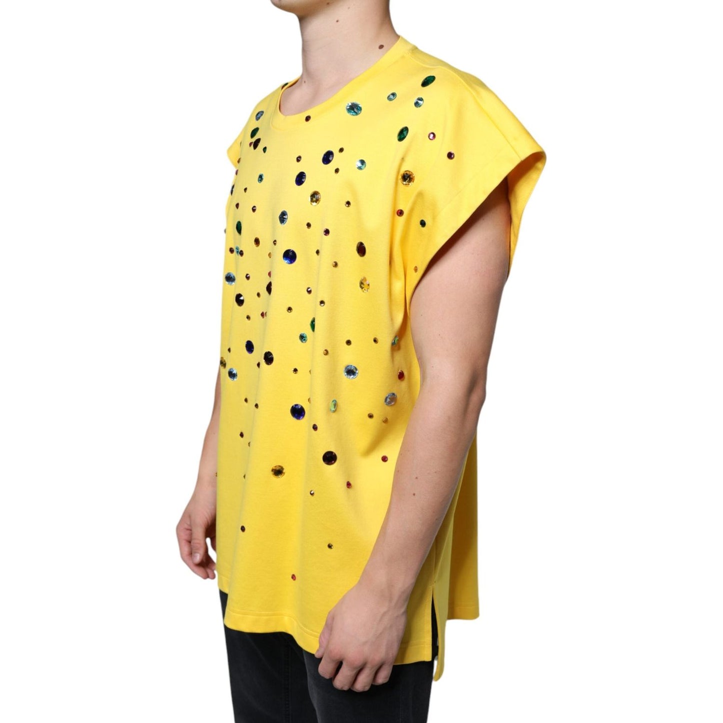 Dolce & Gabbana Yellow Cotton Crystal Sleeveless T-shirt Dolce & Gabbana