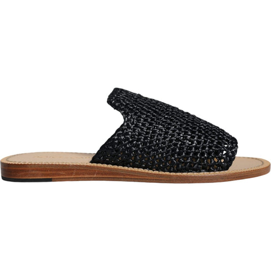 Dolce & Gabbana Black Monochrome Braided Raffia Slides Shoes Dolce & Gabbana