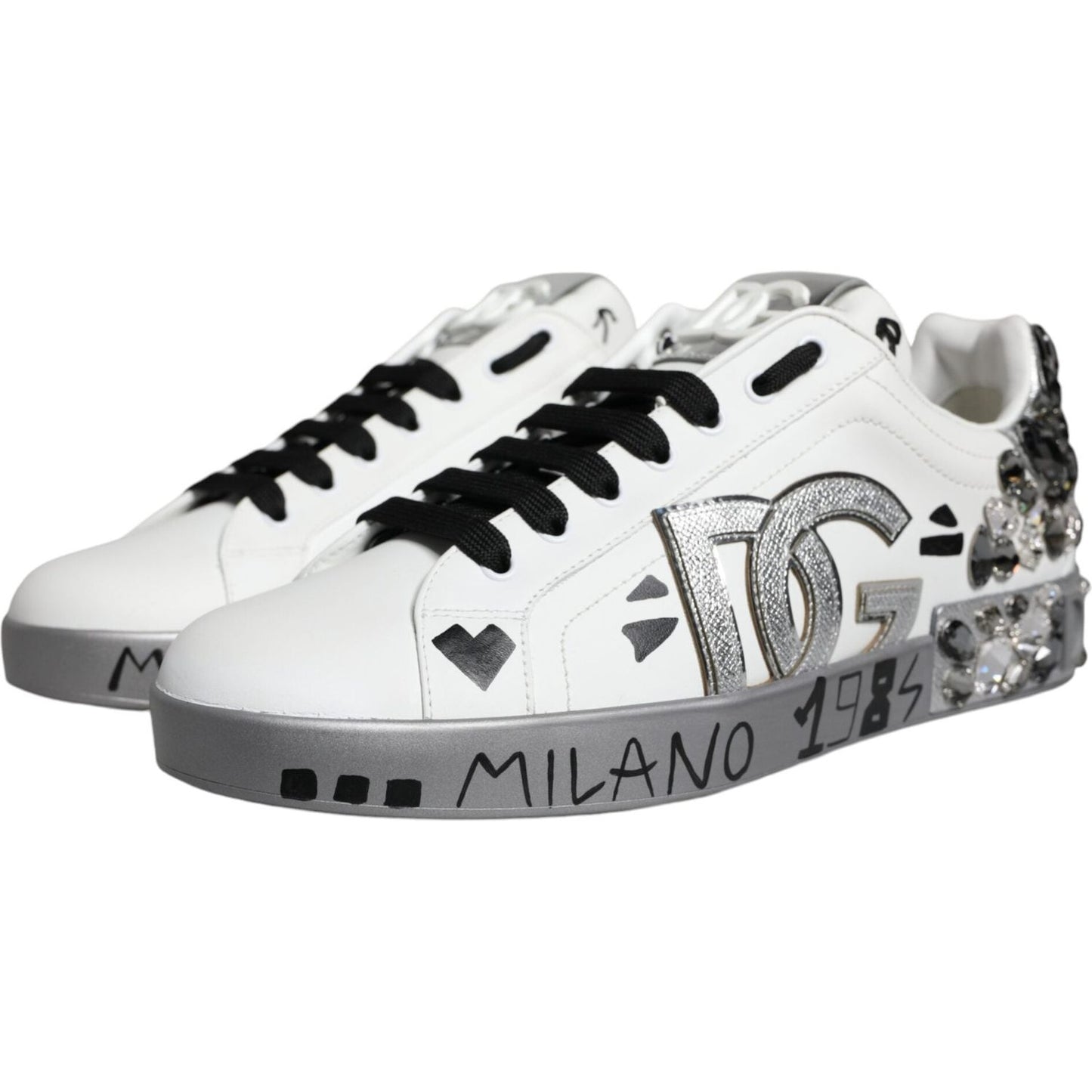 Dolce & Gabbana White Silver Crystal Logo Portofino Sneakers Shoes Dolce & Gabbana