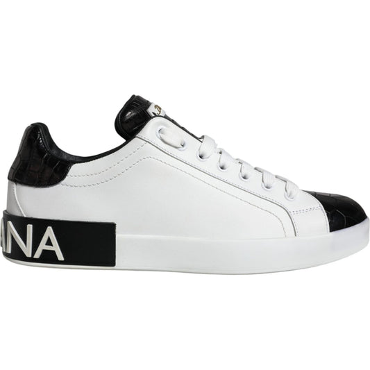 Dolce & Gabbana Black Leather Logo Portofino Sneaker Shoes 1728,67345645728,Black and White,Dolce & Gabbana,EU40/US7,Low Tops - Sneakers - Shoes,Material: 60% Calfskin 40% Croc Leather,Men,Men - Shoes,Preowned / Defect,Shoes,Sneakers - Men - Shoes,Sneaker