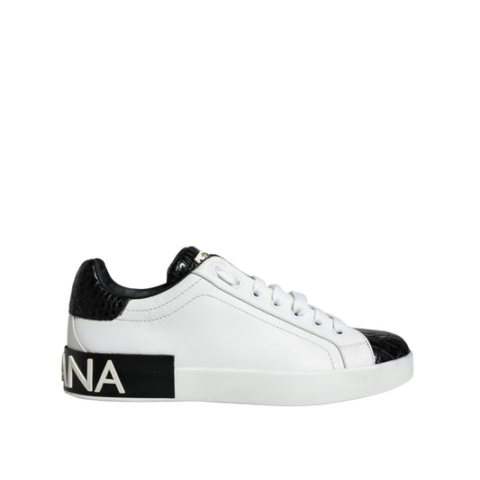 Dolce & Gabbana Black Leather Logo Portofino Sneaker Shoes 1728,67345645728,Black and White,Dolce & Gabbana,EU38/US5,Low Tops - Sneakers - Shoes,Material: 60% Calfskin 40% Croc Leather,Men,Preowned / Defect,Shoes,Sneakers - Men - Shoes,Sneakers - Shoes