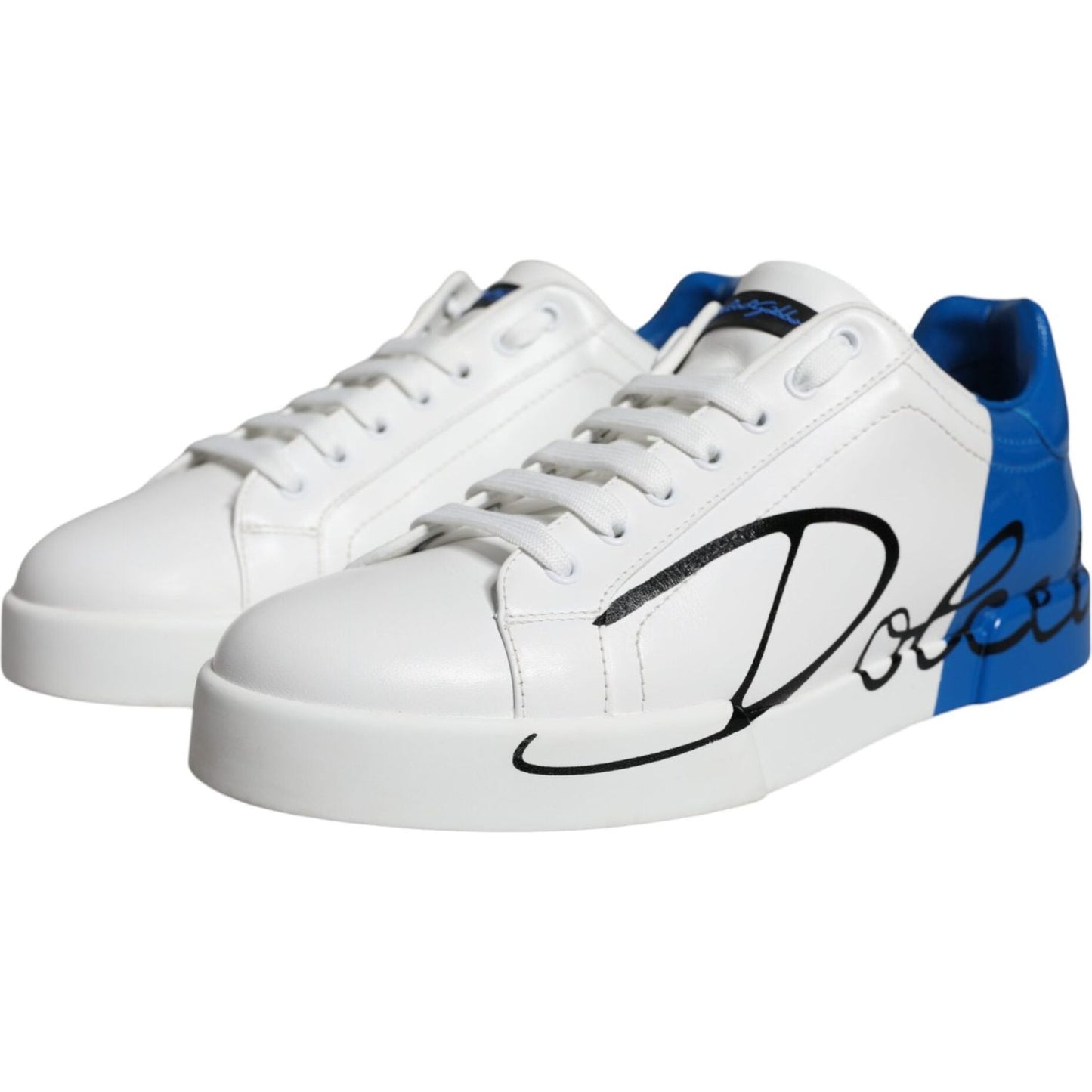 Dolce & Gabbana White Blue Leather Logo Low Top Sneakers Shoes