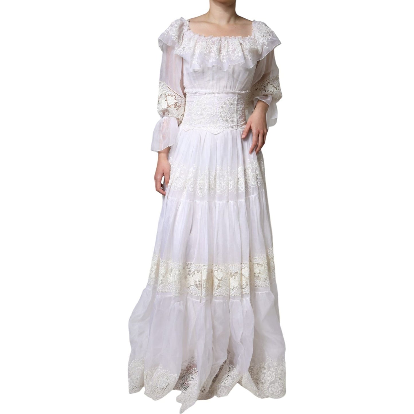 Dolce & Gabbana White Floral Lace Corset Cotton Maxi Dress Dolce & Gabbana