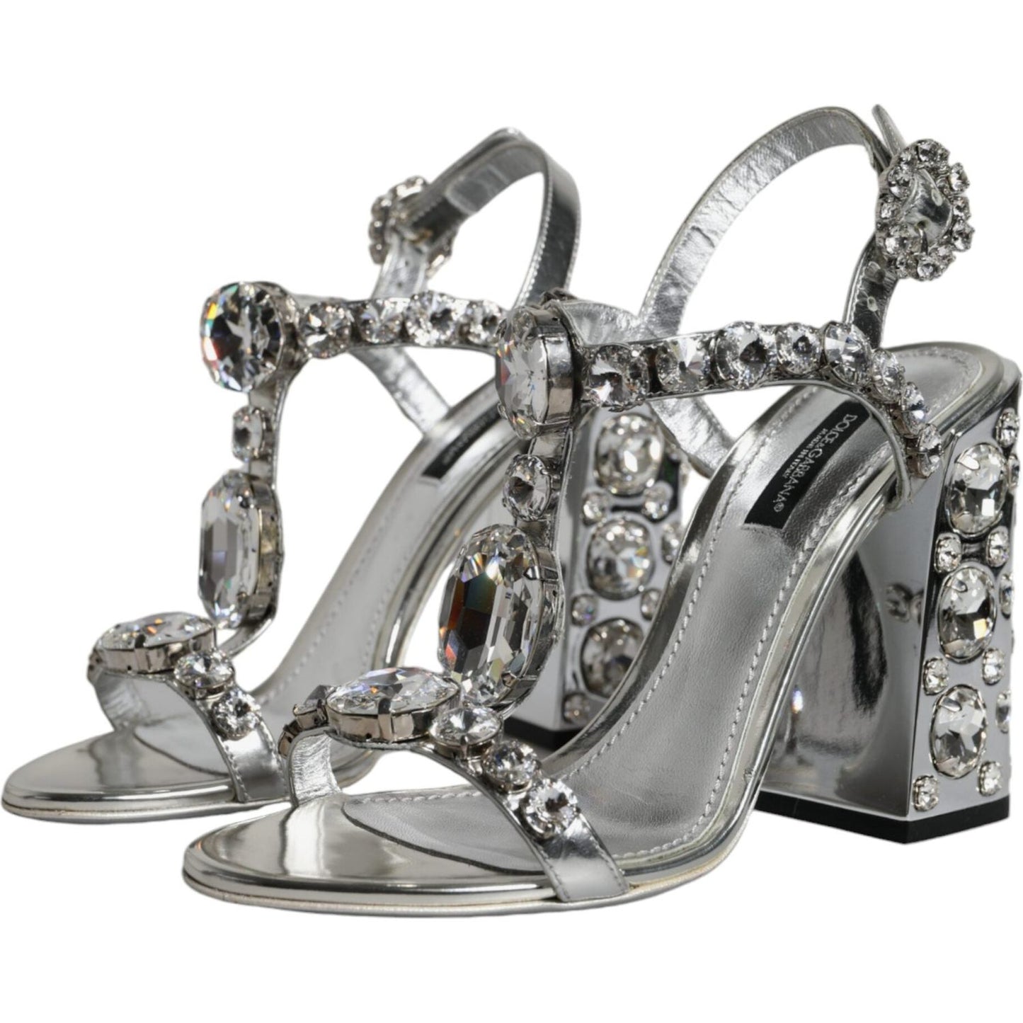 Dolce & Gabbana Silver Leather T-strap Crystal Sandals Shoes Dolce & Gabbana