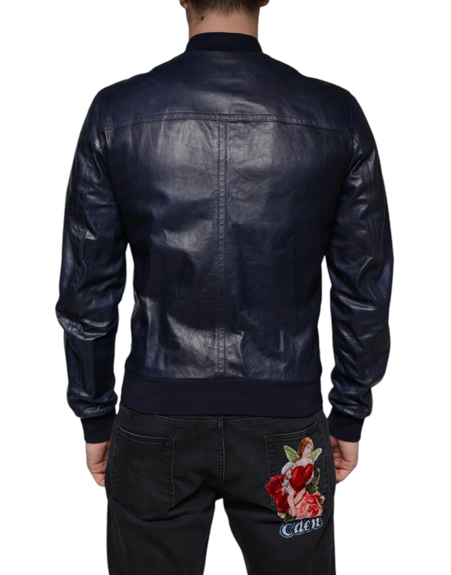 Dolce & Gabbana Blue Lambskin Leather Full Zip Biker Jacket Dolce & Gabbana