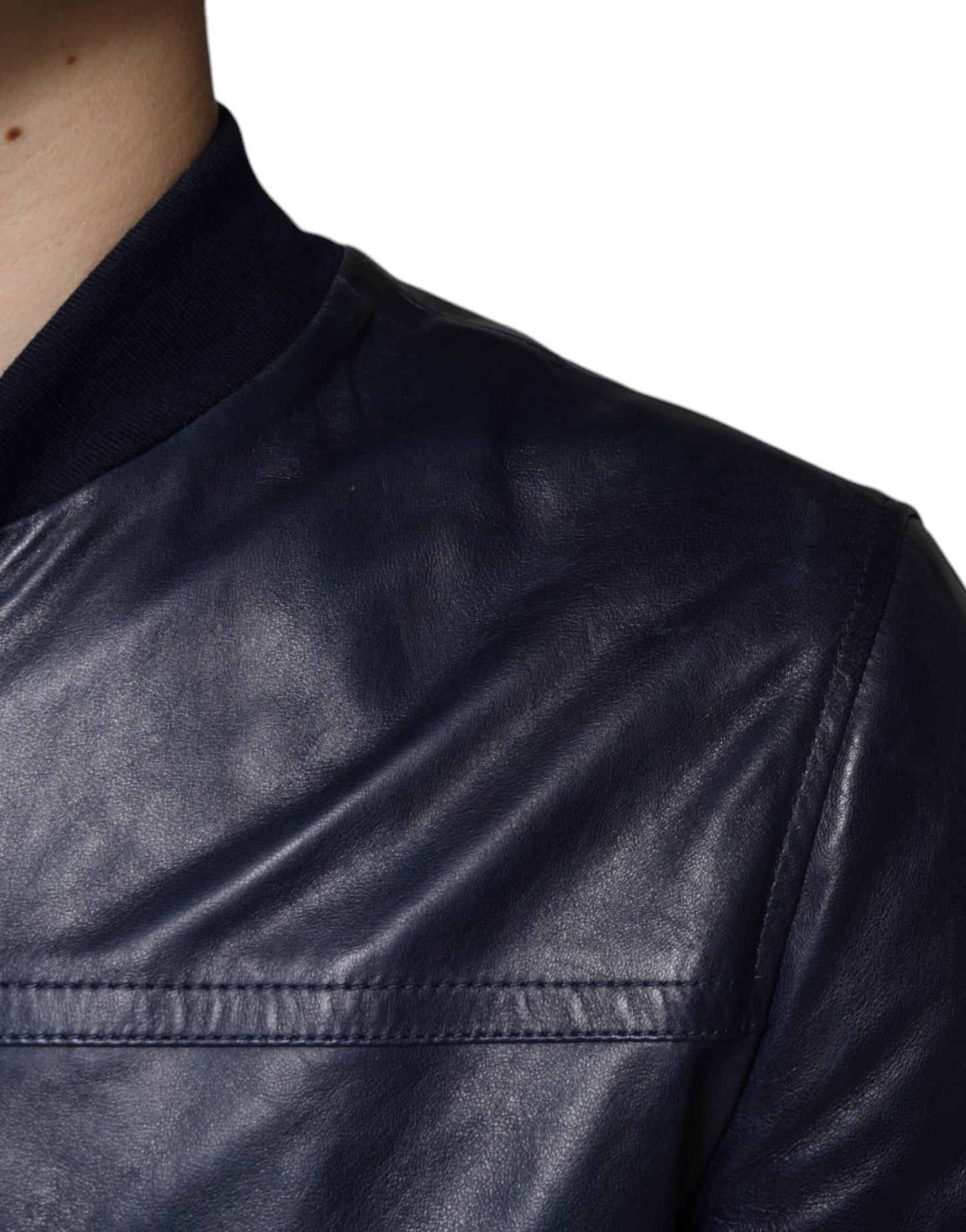 Dolce & Gabbana Blue Lambskin Leather Full Zip Biker Jacket Dolce & Gabbana