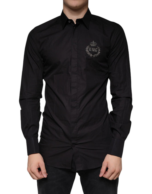 Dolce & Gabbana Black King Crown Embroidered GOLD Dress Shirt Dolce & Gabbana