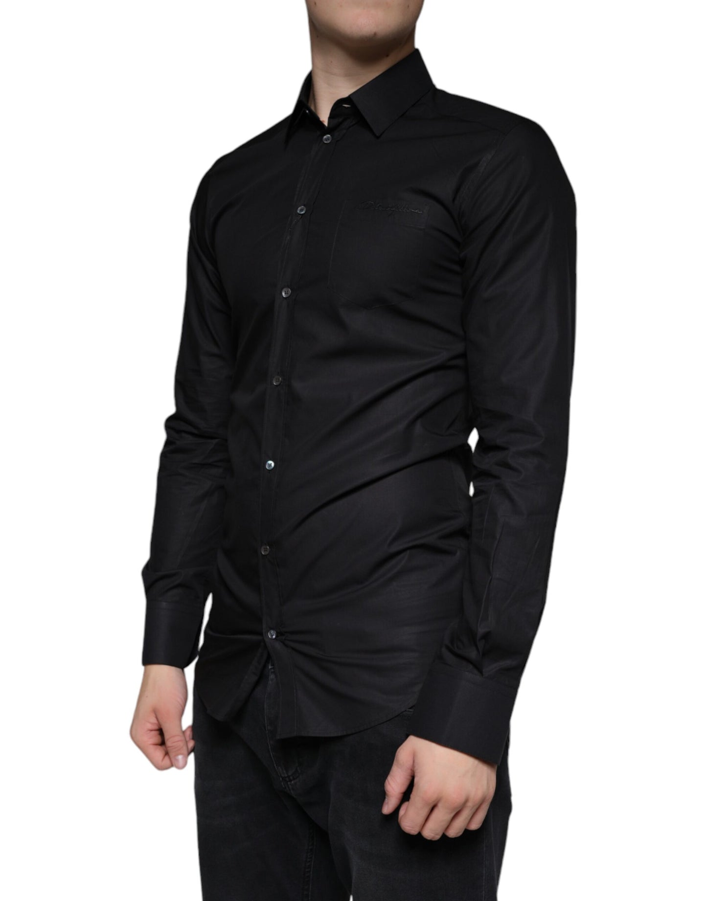 Dolce & Gabbana Black Cotton Stretch Dress GOLD Formal Shirt Dolce & Gabbana