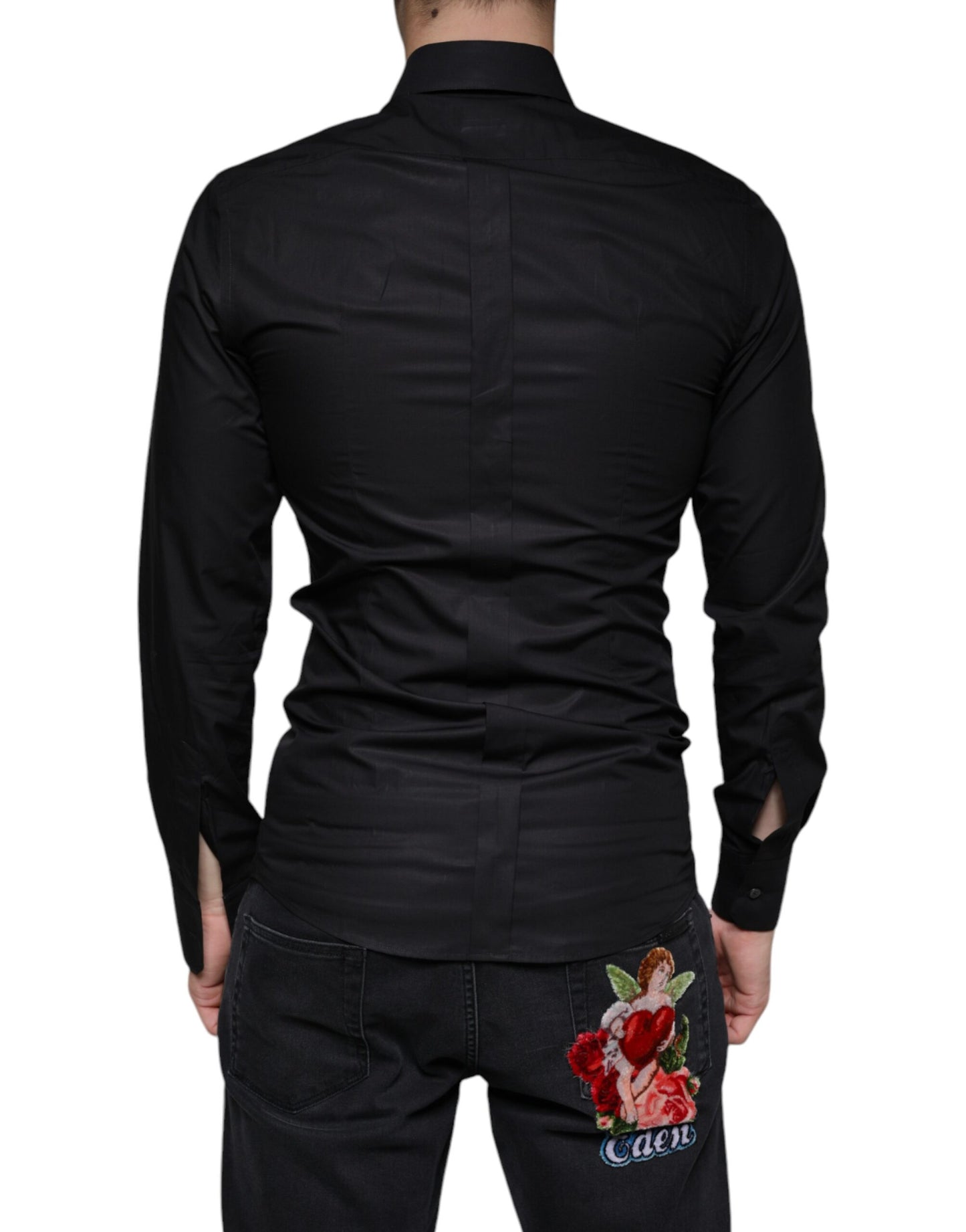 Dolce & Gabbana Black Cotton Stretch Dress GOLD Formal Shirt Dolce & Gabbana