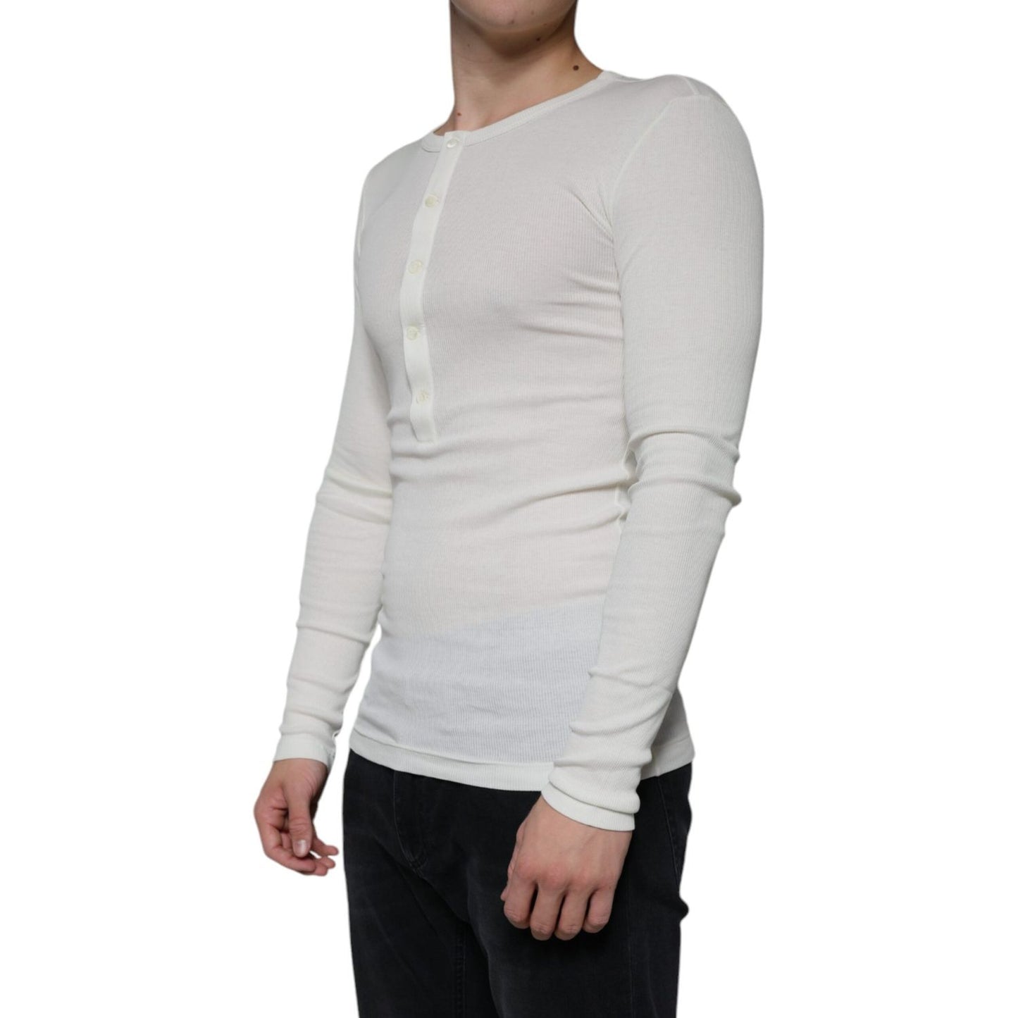 Dolce & Gabbana White Cotton Henley Crew Neck Pullover Sweater