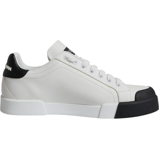 Dolce & Gabbana White Black Leather Logo Portofino Sneaker Shoes