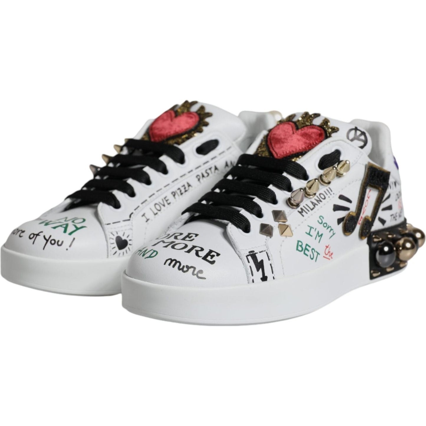 Dolce & Gabbana White Heart Studded Low Top Sneakers Shoes Dolce & Gabbana