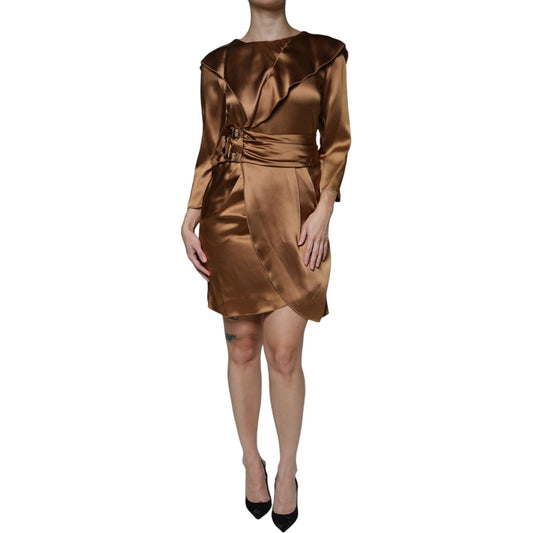 Emporio Armani Brown Satin Long Sleeves Wrap Sheath Mini Dress