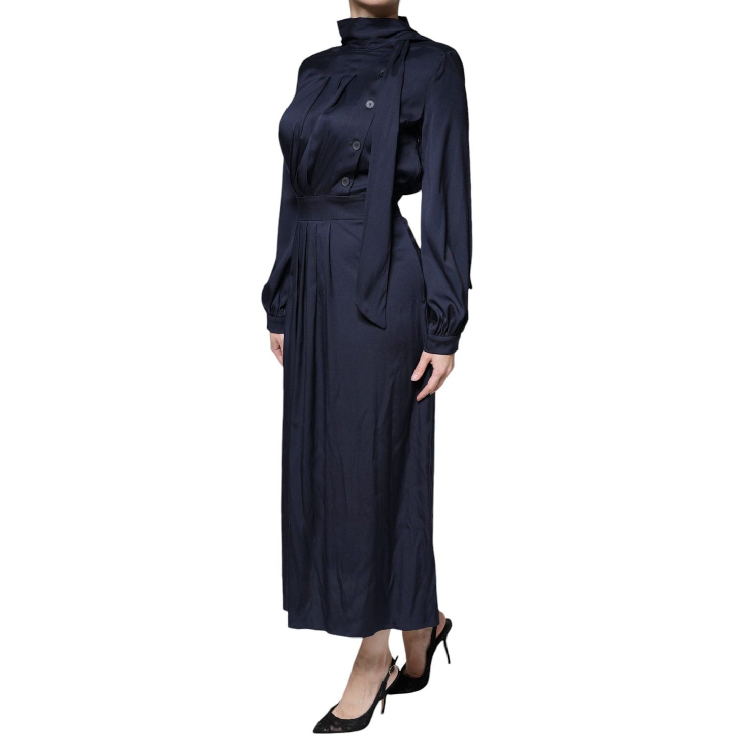 Ballantyne Dark Blue Long Sleeves Pleated A-line Maxi Dress Ballantyne