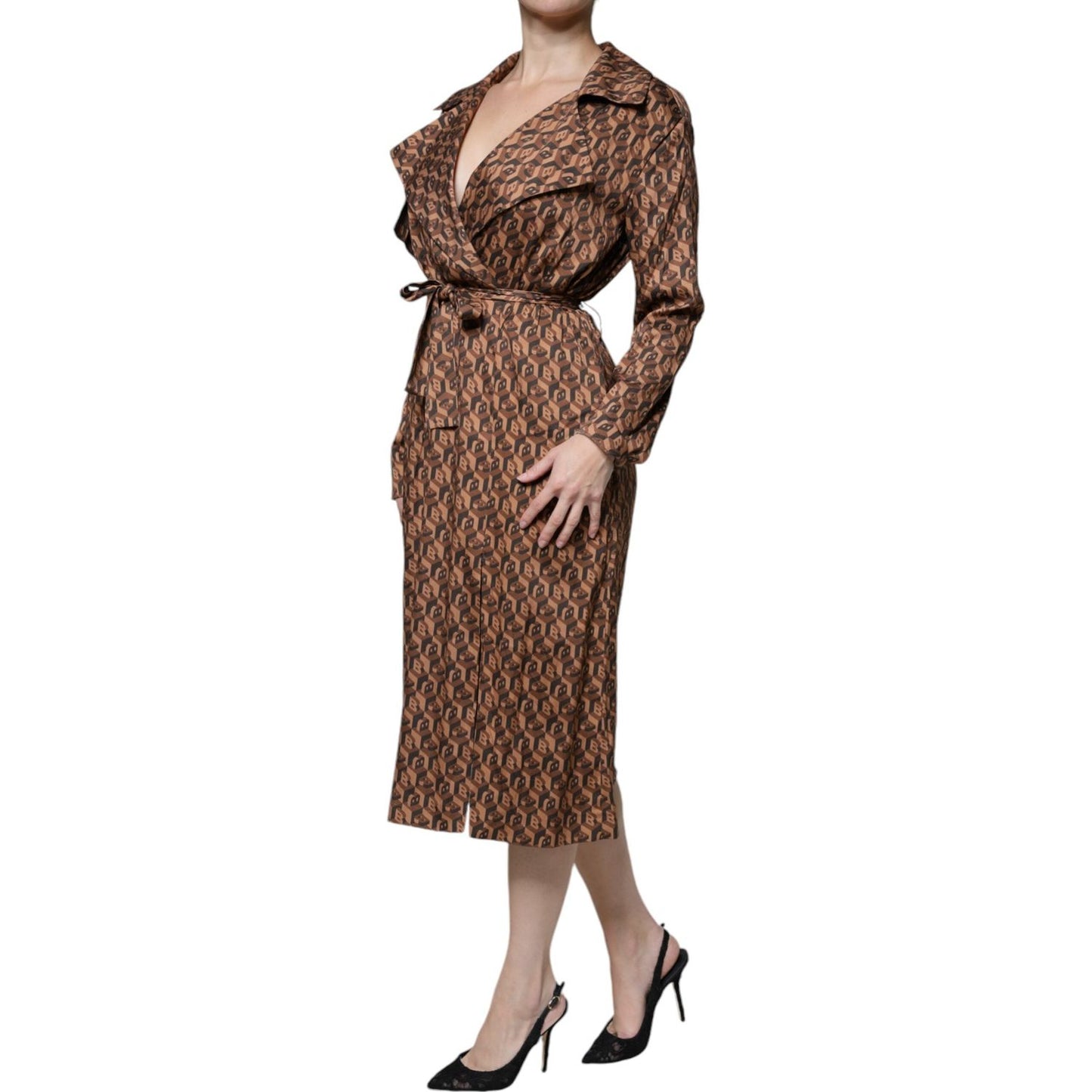 Ballantyne Brown Printed Long Sleeves V-neck Wrap Midi Dress Ballantyne