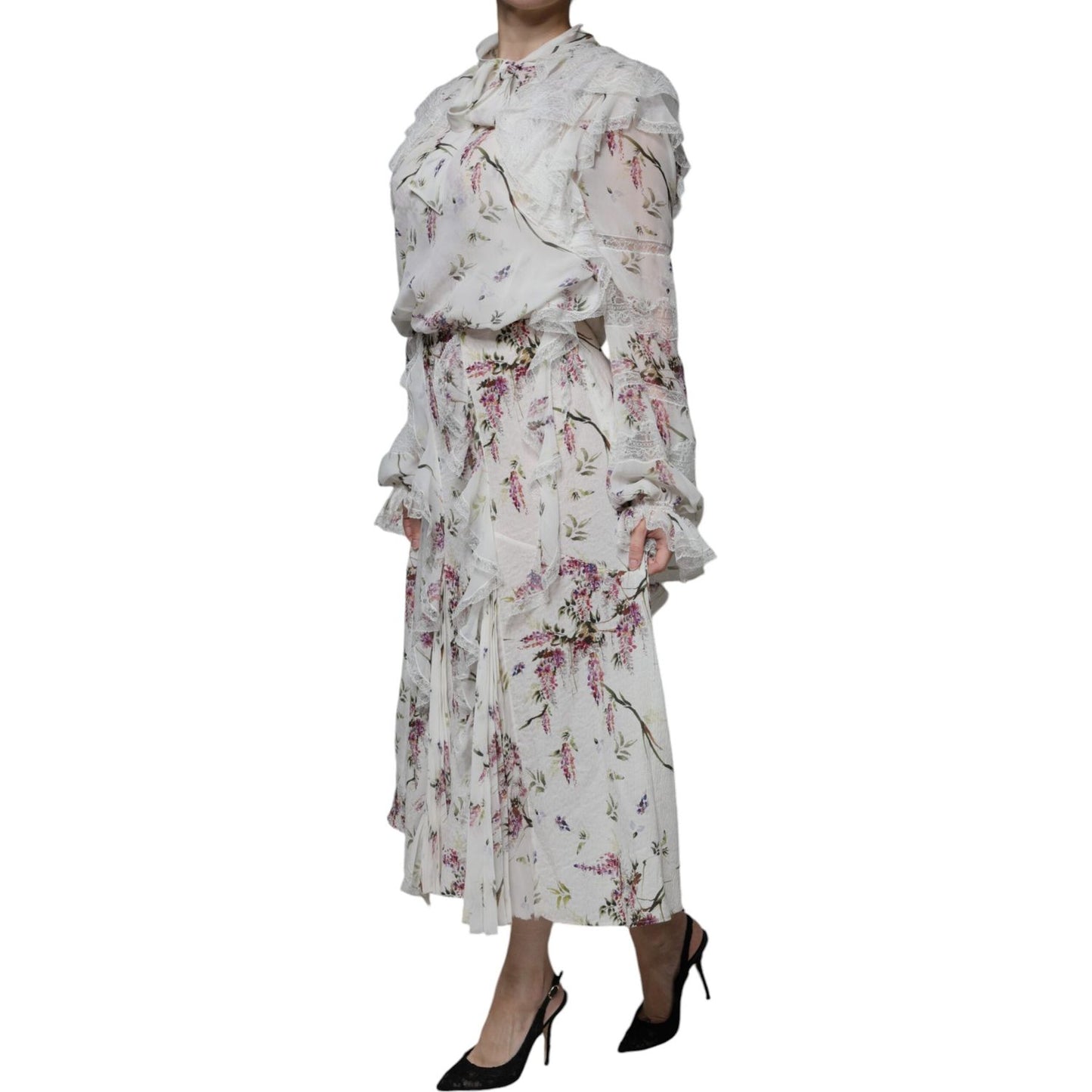 Ermanno Scervino White Floral Ruffles Lace Long Sleeves Maxi Dress Ermanno Scervino