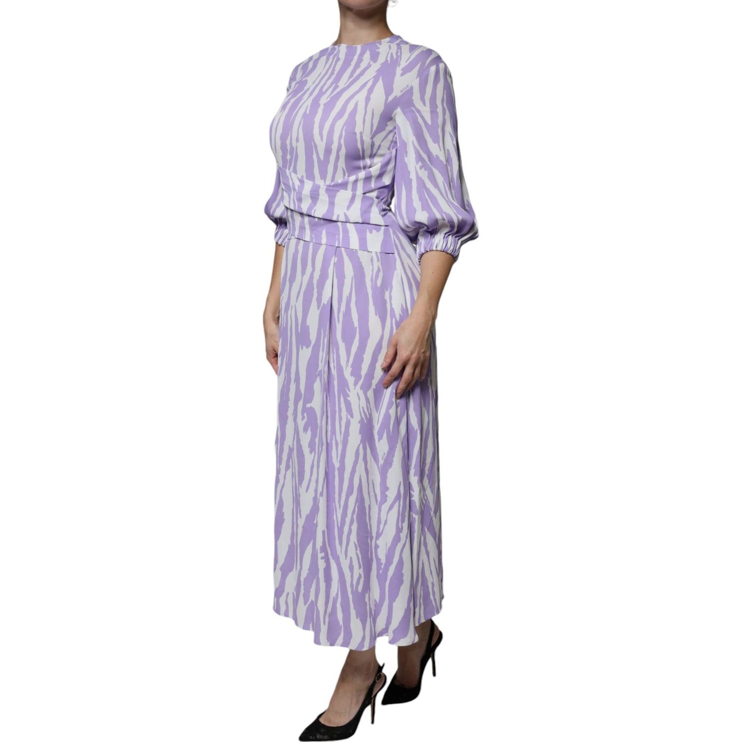 MSGM White Purple Patterned Viscose Short Sleeves Maxi Dress MSGM