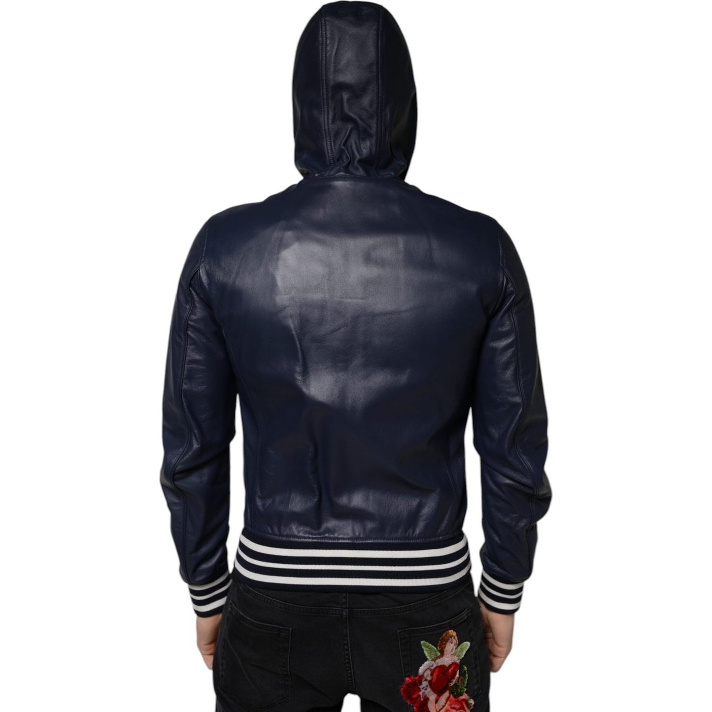 Dolce & Gabbana Blue Leather Full Zip Hooded Bomber Jacket Dolce & Gabbana