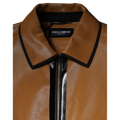 Dolce & Gabbana Brown Leather Full Zip Men Bomber Jacket