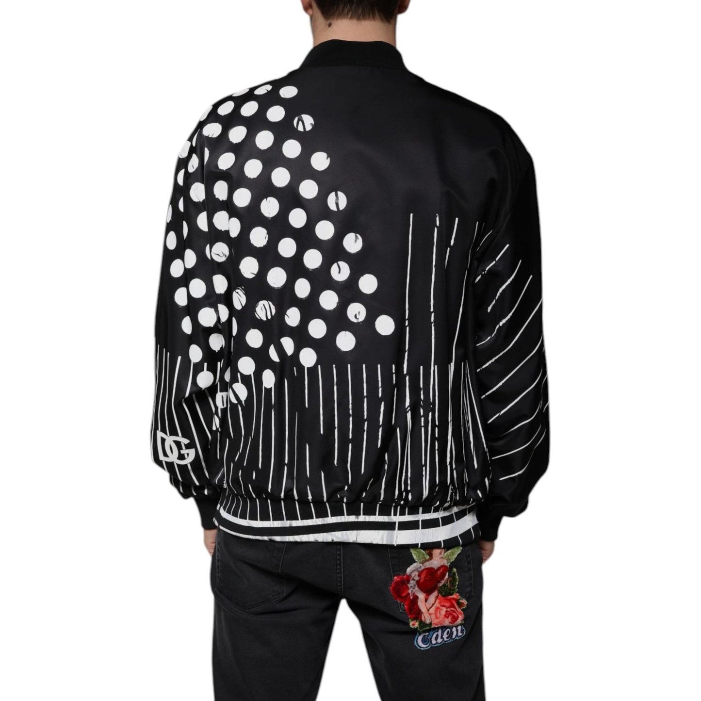 Dolce & Gabbana Black Polka Dot Stripe Nylon Bomber Jacket Dolce & Gabbana