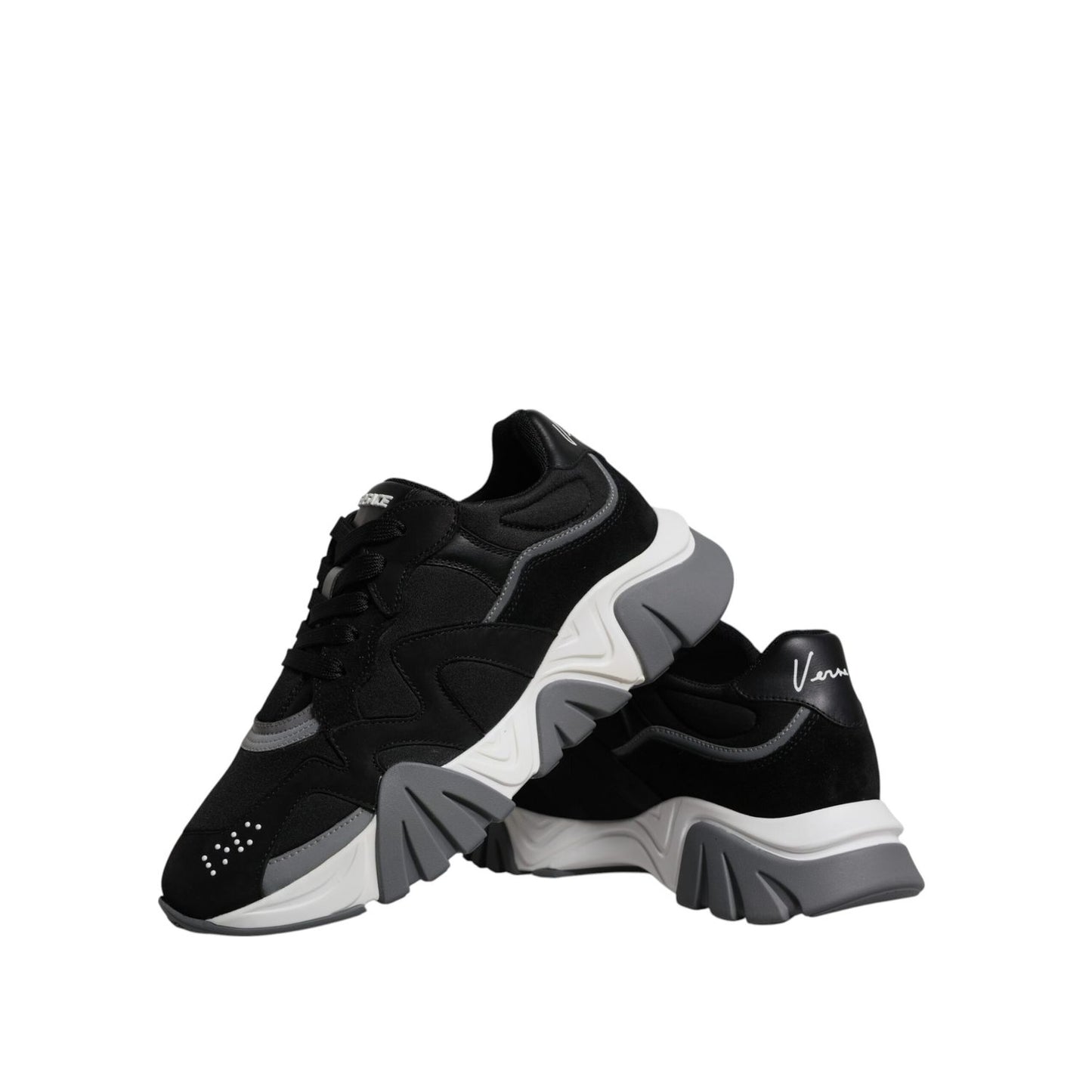 Versace Black Leather Neoprene Chunky Low Top Sneakers Squalo Shoes Versace