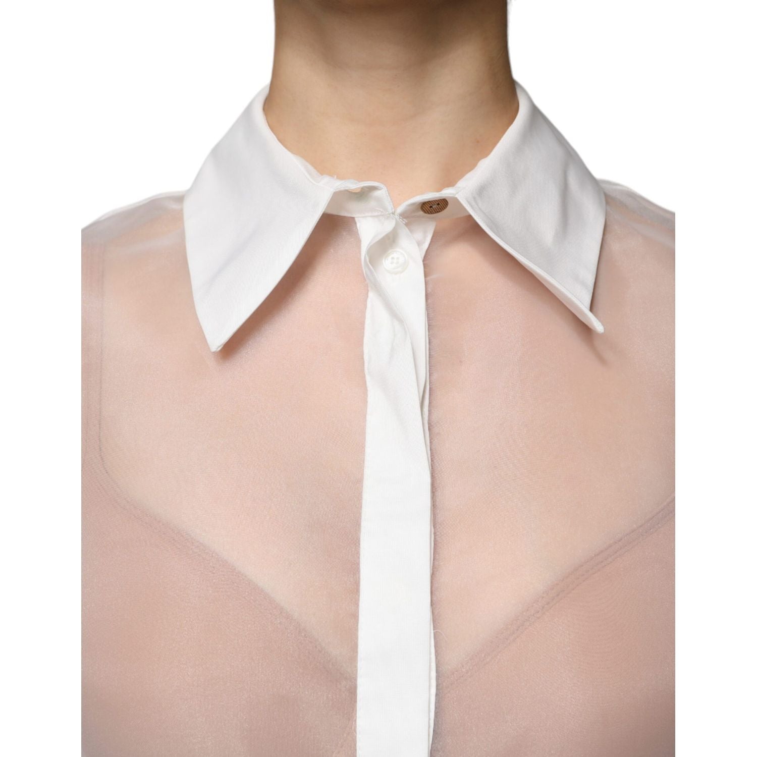 Elisabetta Franchi White Sheer Collared Buttoned Long Sleeves Top