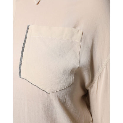 Brunello Cucinelli Beige Silk Blend Collared Button Down Top