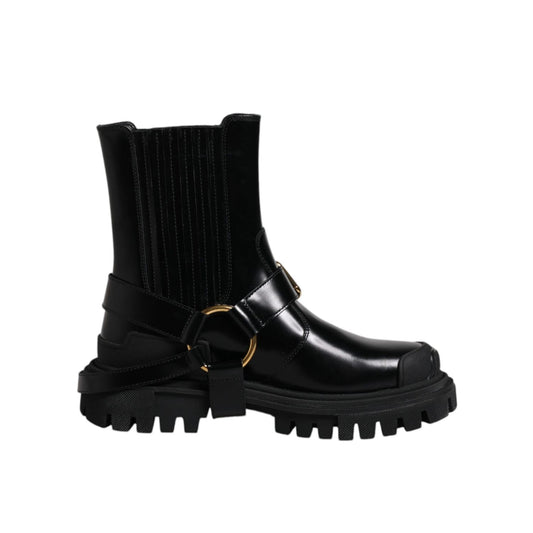 Dolce & Gabbana Black Leather Slip On Stretch Trekking Boots Shoes