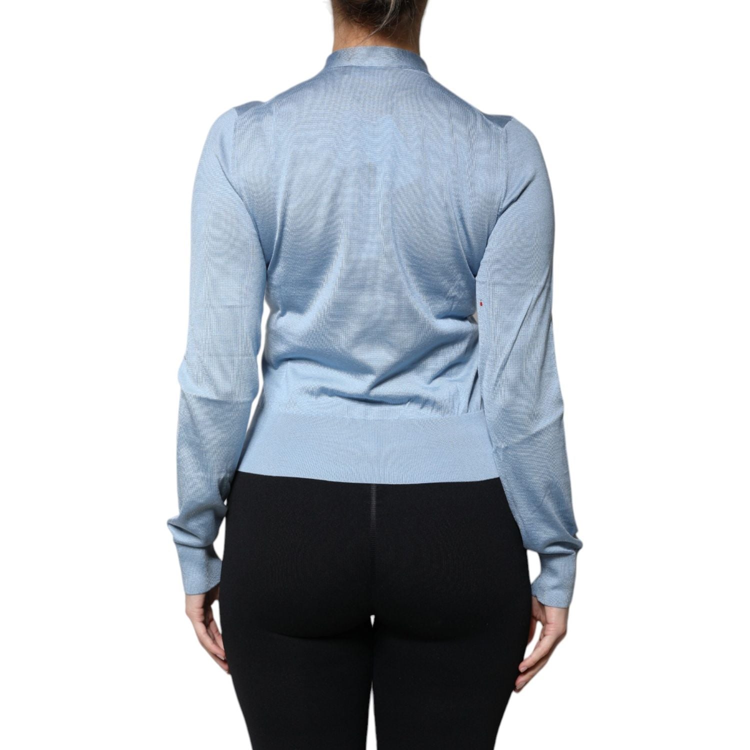 Dolce & Gabbana Blue Silk Knit Pullover Ascot Collar Top