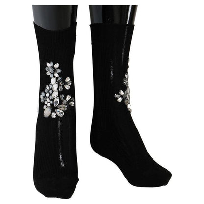 Dolce & Gabbana Black Knitted Floral Clear Crystal Socks