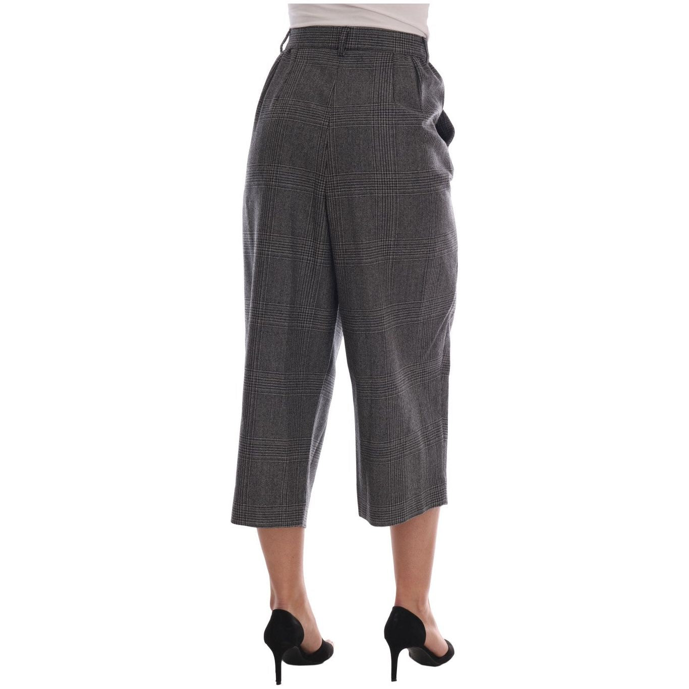 Elegant Gray Check Capri Wool Pants