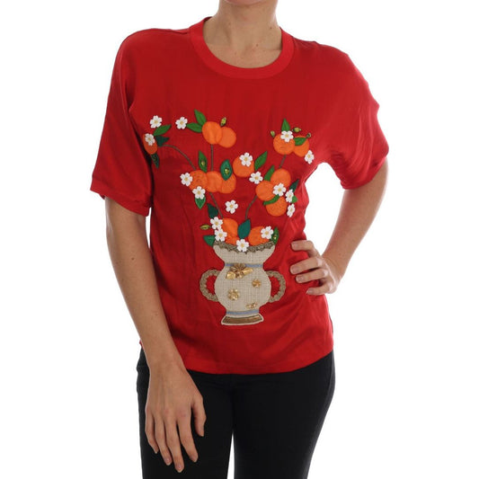 Red Silk Floral Embroidered Elegance Top