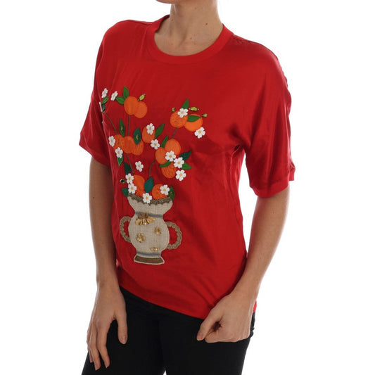 Red Silk Floral Embroidered Elegance Top