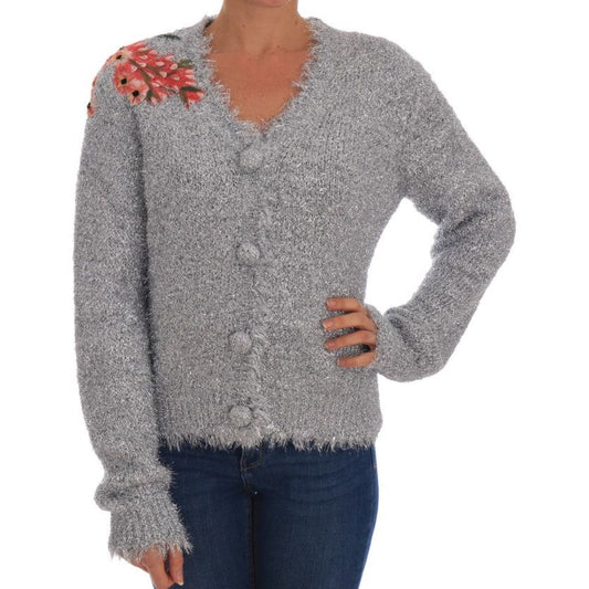 Elegant Silver Floral Applique Cardigan