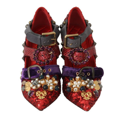 Dolce & Gabbana Red Sequined Crystal Studs Heels Shoes