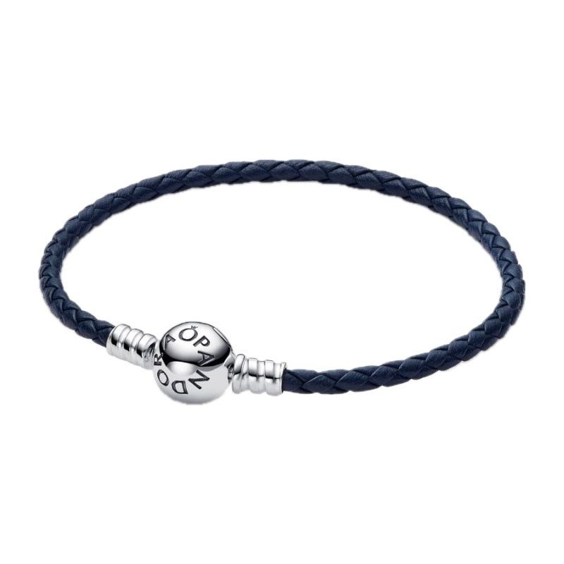 PANDORA MOMENTS COLLECTION Mod. ROUND CLASP BLUE BRAIDED LEATHER BRACELET DESIGNER FASHION JEWELLERY PANDORA