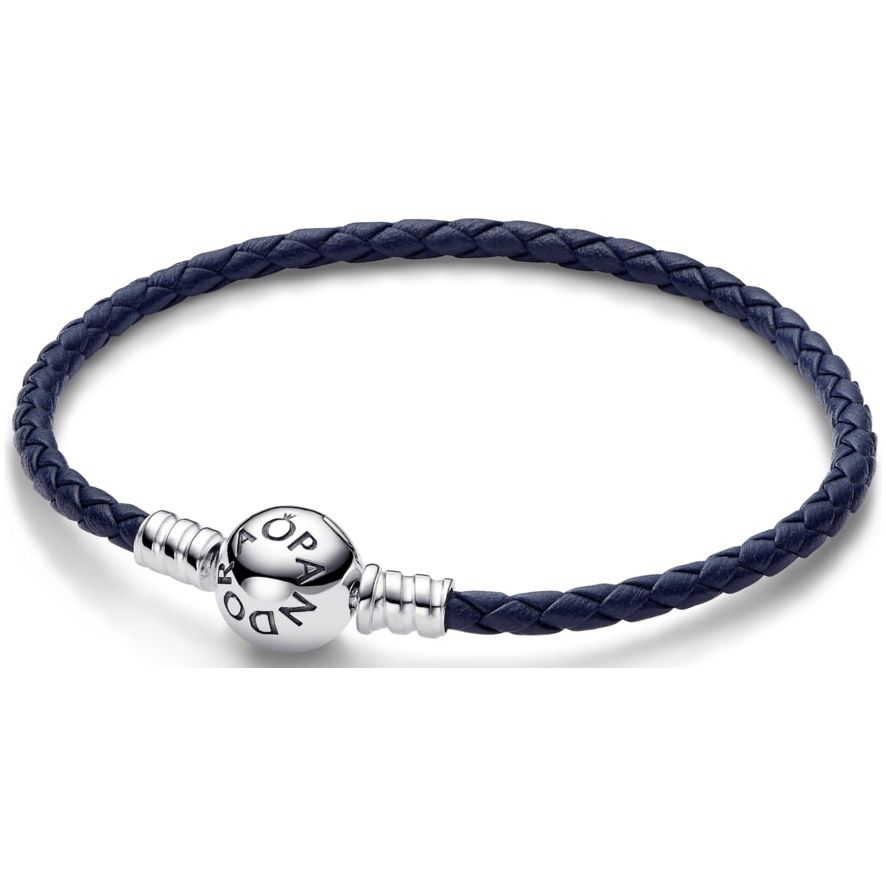 PANDORA MOMENTS COLLECTION Mod. ROUND CLASP BLUE BRAIDED LEATHER BRACELET DESIGNER FASHION JEWELLERY PANDORA