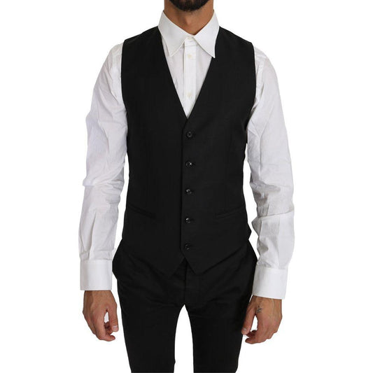 Dolce & Gabbana Black Solid Wool Silk Waistcoat Vest