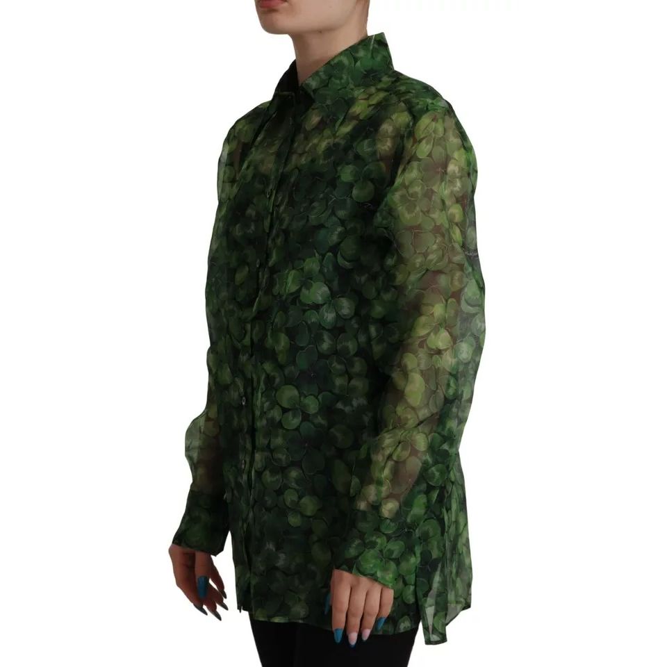 Dolce & Gabbana Green Clover Print Long Sleeves Collared Top Blouse