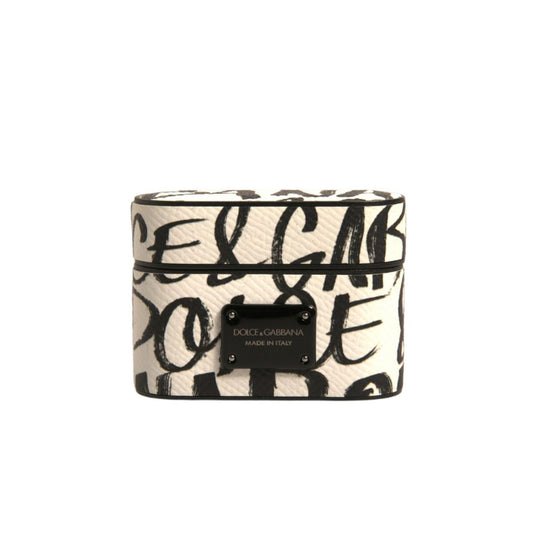 Dolce & Gabbana Black White Leather Scribble Embossed Logo Airpods Case