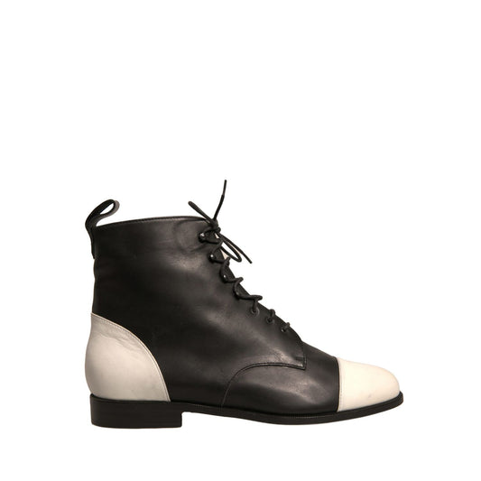 Sergio Rossi Black White Leather Lace Up Flats Ankle Boots Shoes
