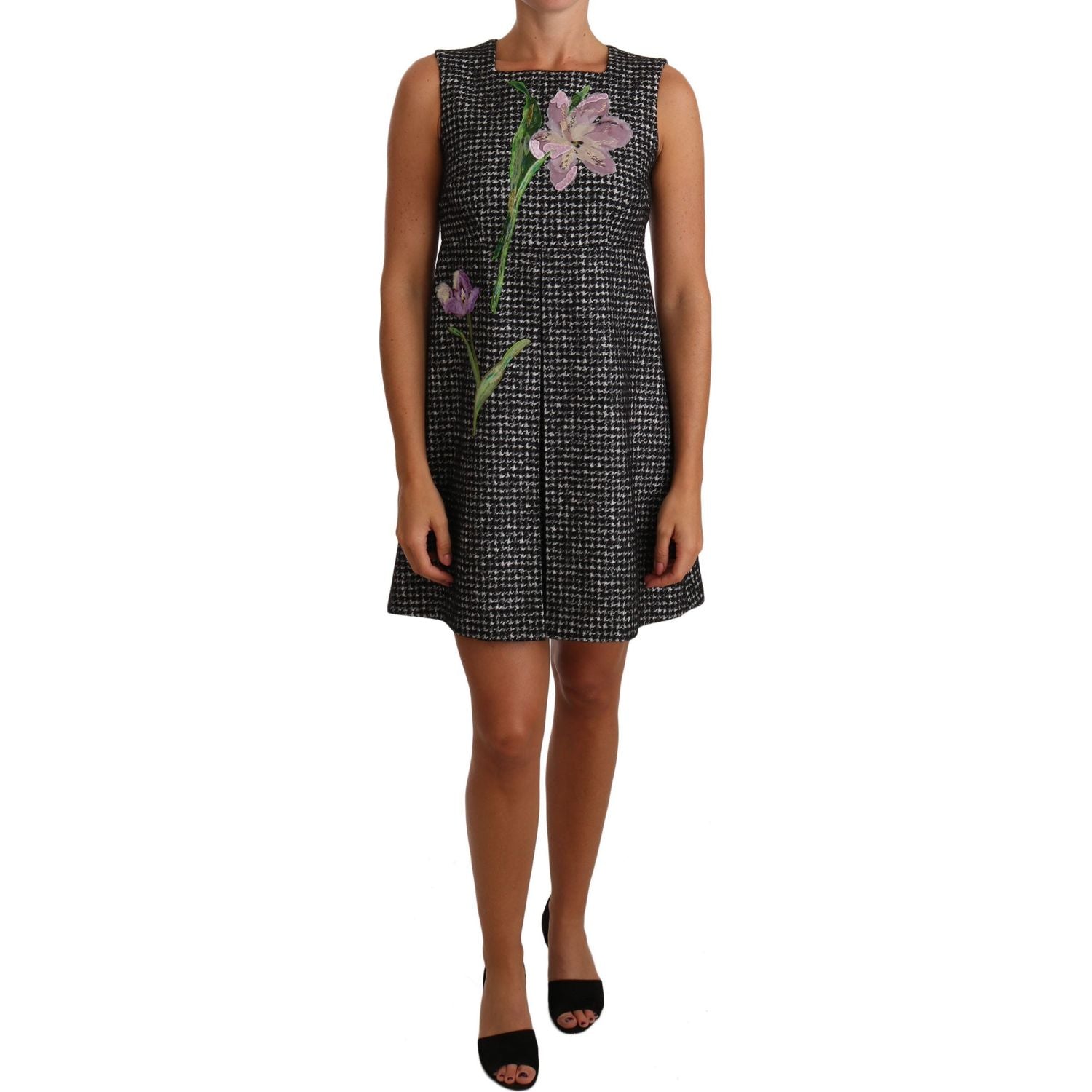 Dolce & Gabbana Gray Houndstooth Floral Appliqué Shift Mini Dress