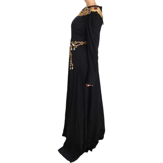 Dolce & Gabbana Elegant Maxi Black Dress with Gold Detailing Dolce & Gabbana