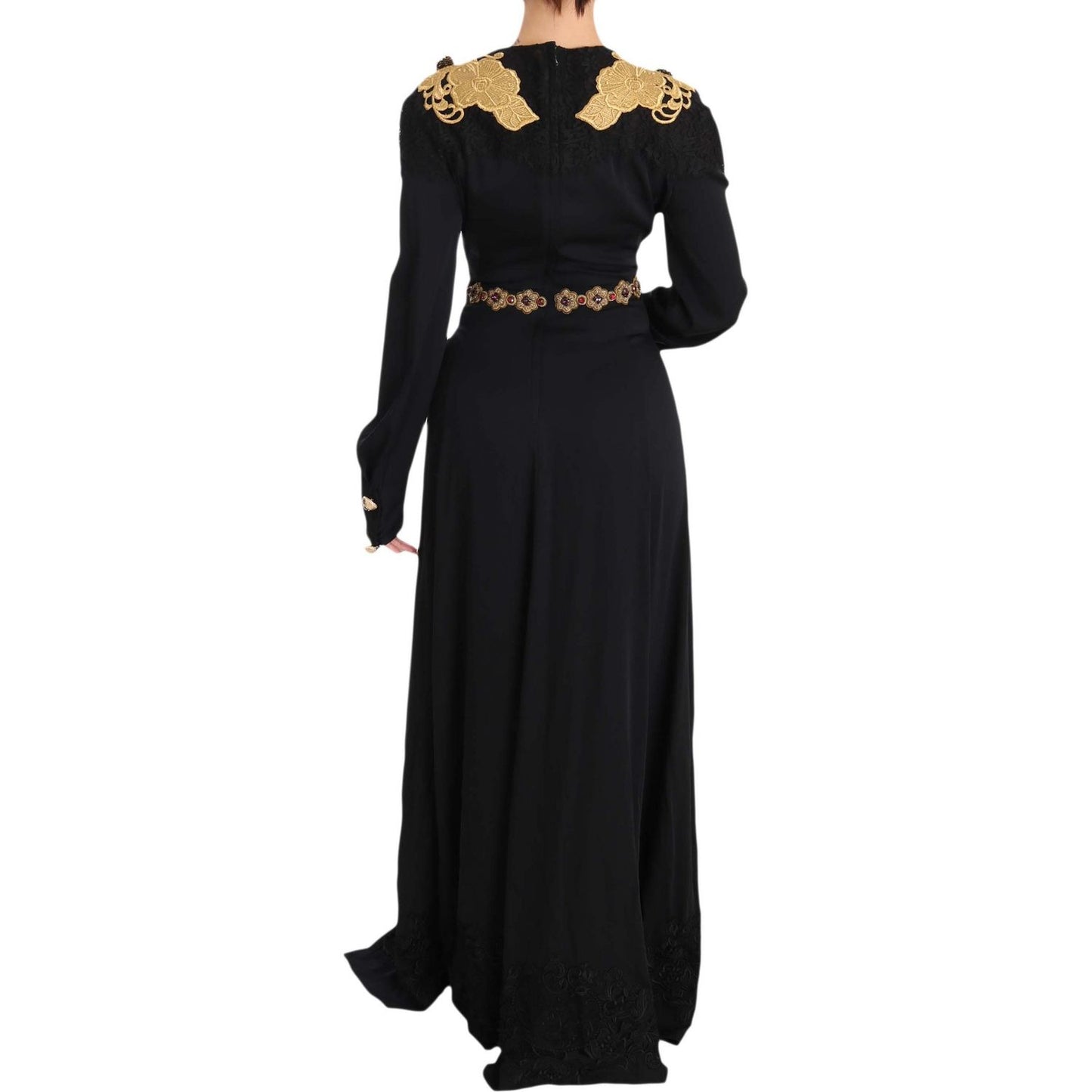 Dolce & Gabbana Elegant Maxi Black Dress with Gold Detailing Dolce & Gabbana