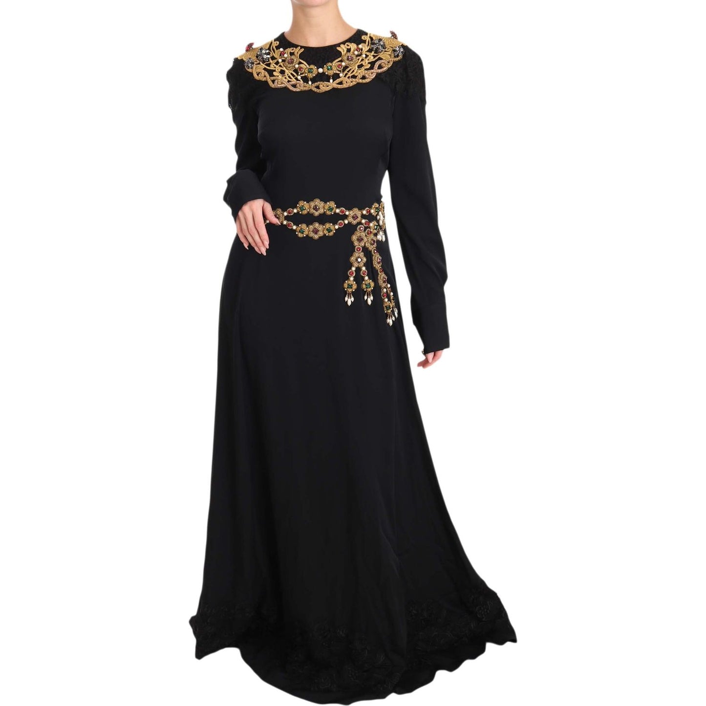 Dolce & Gabbana Elegant Maxi Black Dress with Gold Detailing Dolce & Gabbana