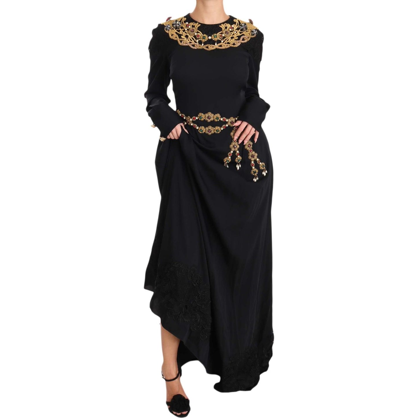 Dolce & Gabbana Elegant Maxi Black Dress with Gold Detailing Dolce & Gabbana