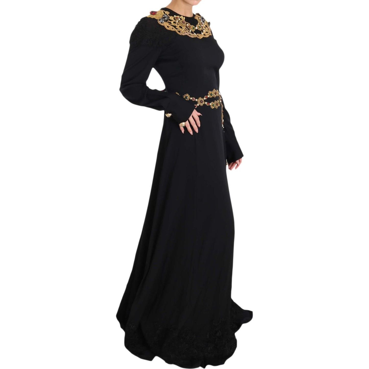 Dolce & Gabbana Elegant Maxi Black Dress with Gold Detailing Dolce & Gabbana