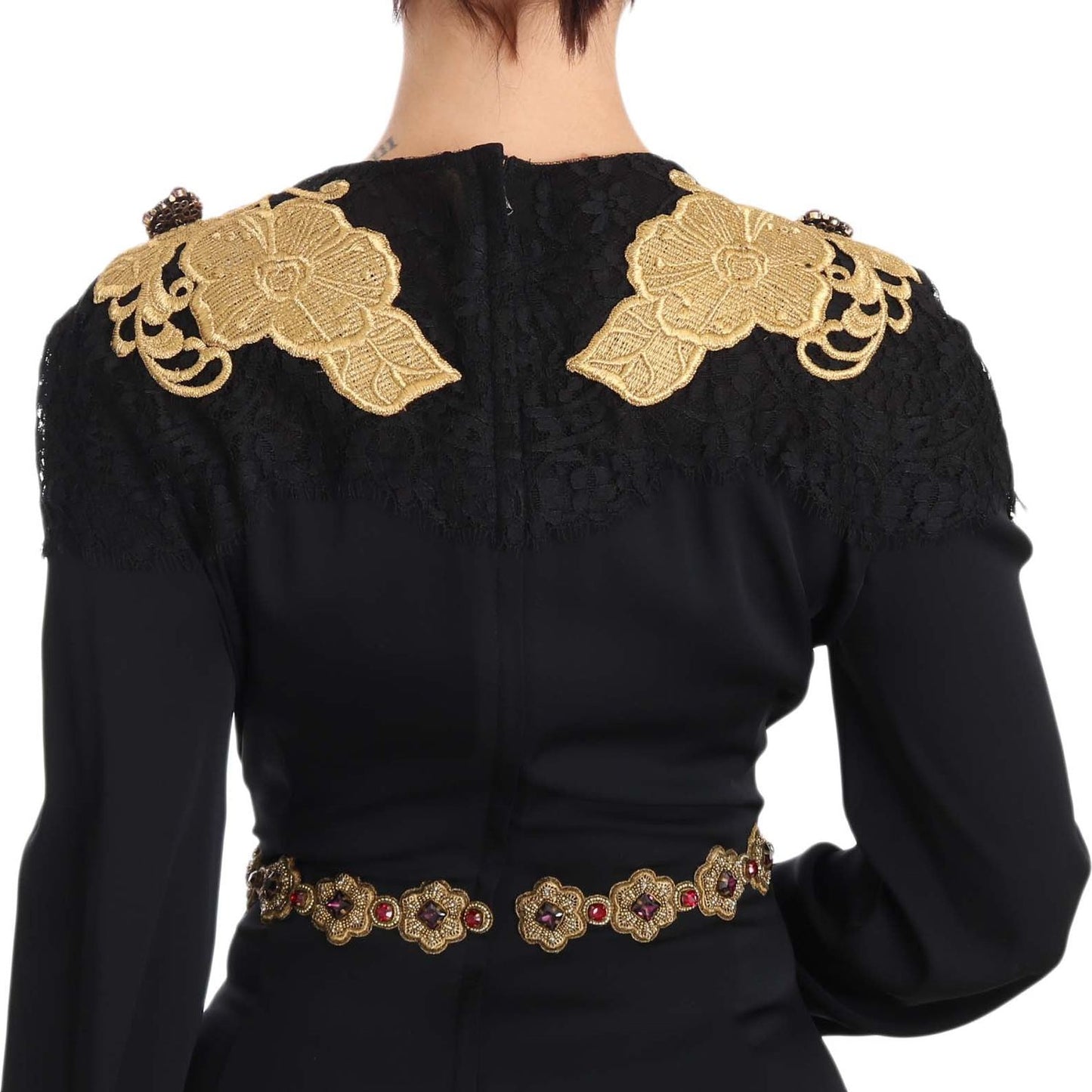 Dolce & Gabbana Elegant Maxi Black Dress with Gold Detailing Dolce & Gabbana