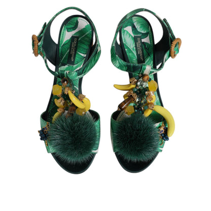 Dolce & Gabbana Green Crystal Fur Embellished Sandals Shoes